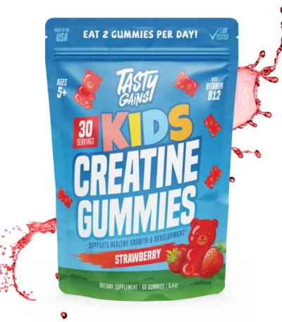 Tasty Gains Kids Creatine Gummies Strawberry available at Scarlet Reserve