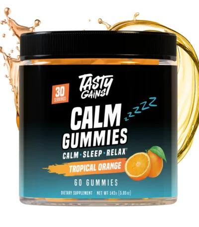 Tasty Gains Calm Gummies Tropical Orange available at Scarlet Reserve