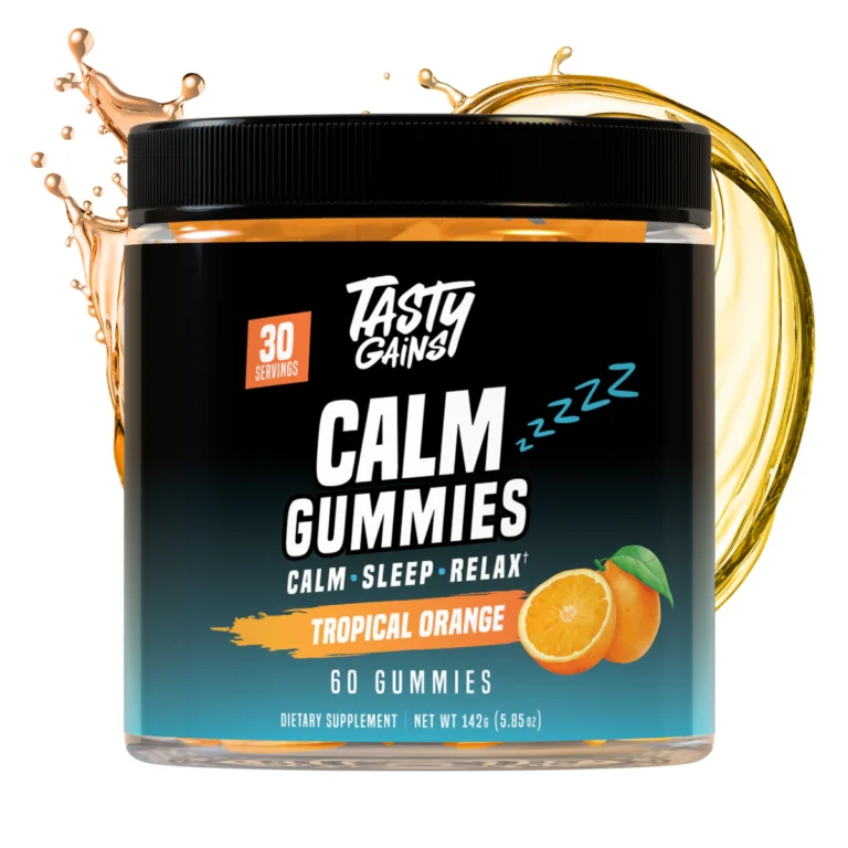 Tasty Gains Calm Gummies Tropical Orange available at Scarlet Reserve